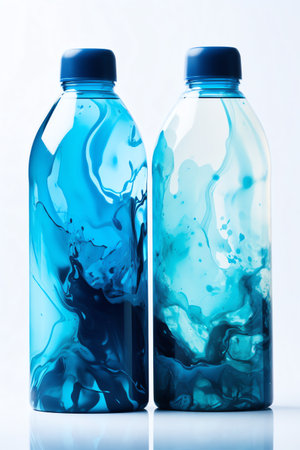 Plastic bottles with blue water on a white background. Studio shot.の素材