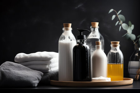 Spa still life with bottles of oil and towels on black backgroundの素材