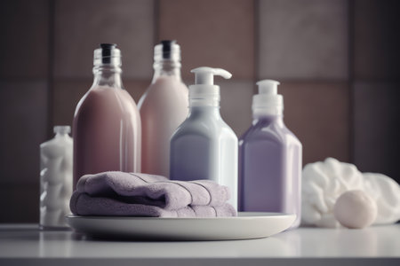 Spa still life with soap, towels and shampoo on a tableの素材