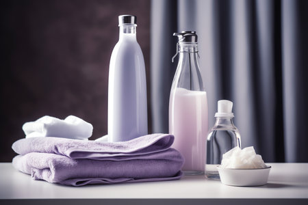 Laundry detergent, shampoo, conditioner and towel on the tableの素材