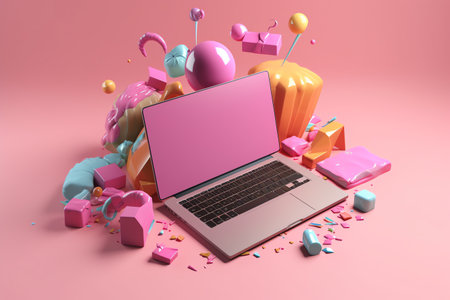 Laptop with blank screen on pink background. 3D rendering.の素材