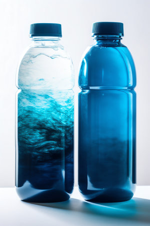 Two plastic bottles with blue water on a white background. Close-up.の素材