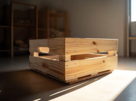 Empty wooden box on floor in room, closeup. Interior designの素材