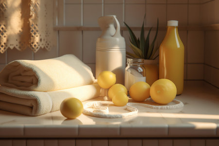 Spa still life with towels, soap and lemons on countertopの素材