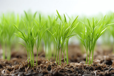 Young green wheat seedlings growing in soil on white background, closeupの素材