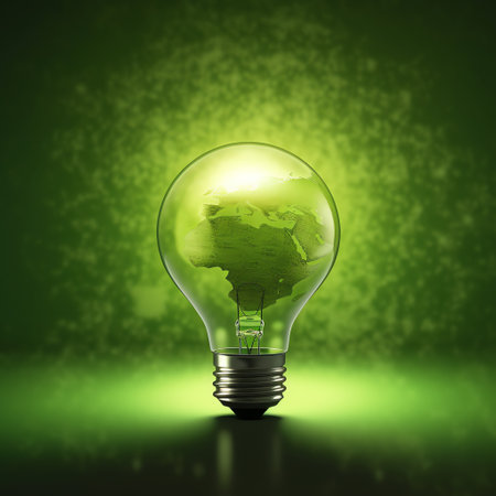 Glass lightbulb with green earth inside on dark green abstract backgroundの素材