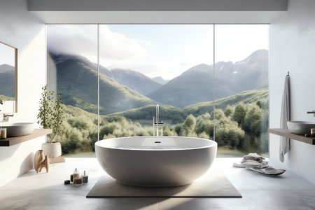 Interior of modern bathroom with white walls, concrete floor, comfortable white bathtub standing near the window and mountain view. 3d renderingの素材