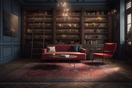Interior of classic living room with red sofa and armchairs. 3D renderingの素材