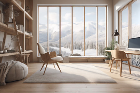 Interior of modern living room with winter landscape. 3d renderの素材