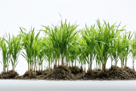 Sugarcane seedlings growing in soil on white background.の素材