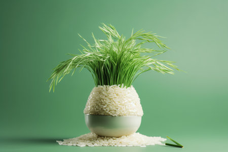 Rice in a vase with grass on a green background.の素材