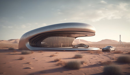3d rendering of a modern building in the middle of the desertの素材