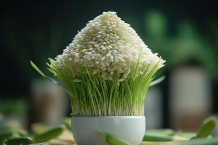 Sprouted wheat grass in vase on wooden table, closeupの素材