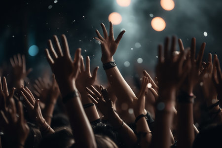 Crowd of people raising their hands at a live music festival.の素材