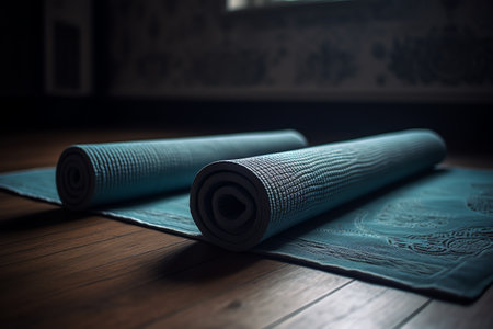 Yoga mat on a wooden floor in the room. Selective focus.の素材