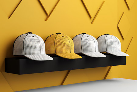 Baseball caps in a row on a yellow background. 3d renderingの素材