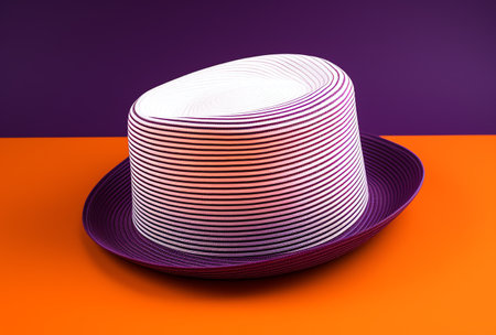 Striped hat on orange and purple background. 3d illustrationの素材