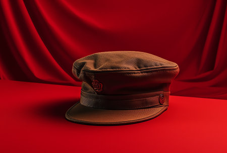 Old military cap on a red background. 3d rendering. Top view.の素材