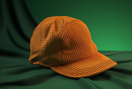 Orange baseball cap on a green background. 3d render illustration.の素材