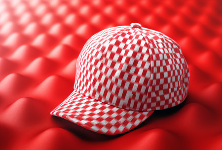 Red and white baseball cap on a red background. 3d illustrationの素材