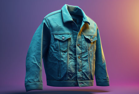 Blue leather jacket on a purple background. Fashionable concept. 3d renderingの素材
