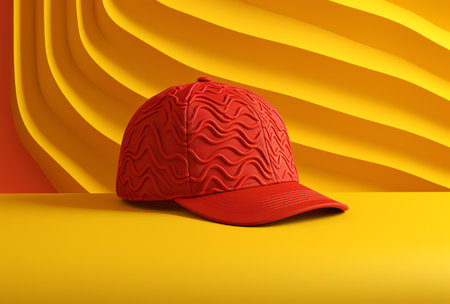 Red baseball cap on a yellow background. 3d render illustration.の素材
