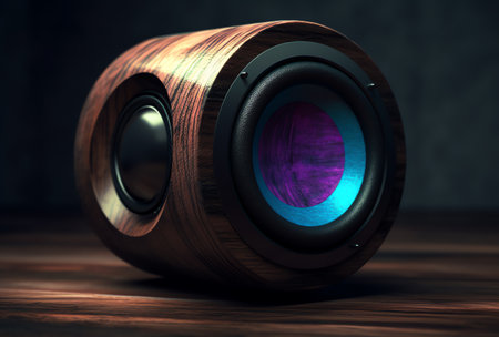 Music speaker on wooden table and dark background. 3d illustration.の素材