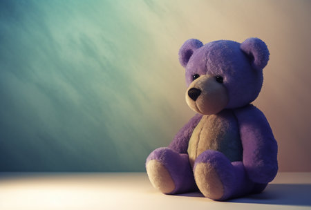 Teddy bear sitting on the table with blue background and copy spaceの素材