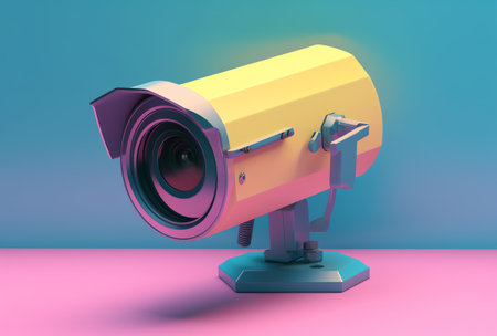 3d rendering of security camera on blue and pink gradient background.の素材