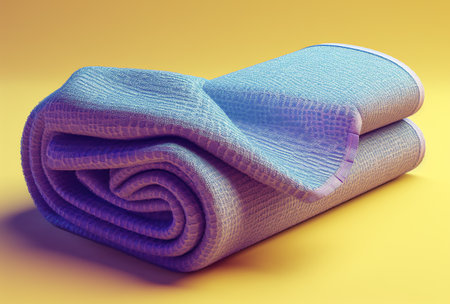 Folded blue yoga mat on yellow background. 3d illustration.の素材