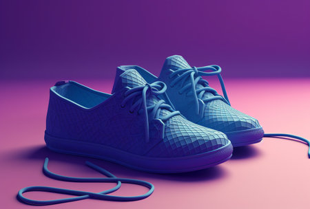 Blue sneakers with shoelaces on a pink background. 3d renderingの素材