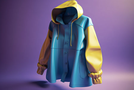 Blue raincoat with yellow hood on violet background. 3D renderingの素材