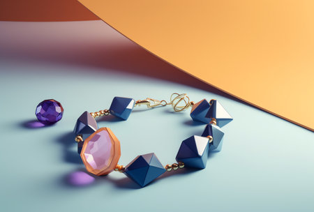 3d render of jewelry with gemstones on a blue and orange backgroundの素材