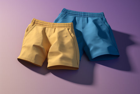 Blue and yellow shorts on a purple background. 3d rendering.の素材