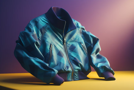 Stylish blue jacket with hood on yellow and purple background. Fashion conceptの素材