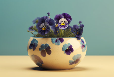 3d render of vase with pansy flowers on a tableの素材
