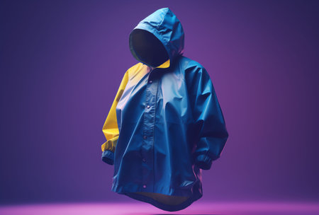 Man in a raincoat and raincoat. Isolated on purple background.の素材
