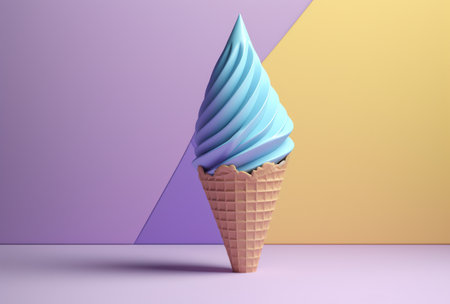 Ice cream in waffle cone on pastel background. 3d renderingの素材