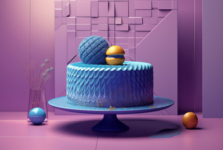 3d render of blue cake with gold eggs in the interior of the roomの素材