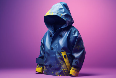 Dark blue raincoat with yellow hood on purple background 3D renderingの素材