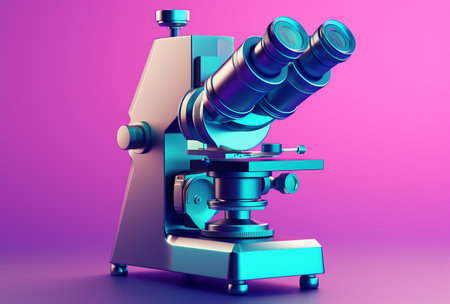 Microscope isolated on purple background. 3d render illustration of science equipmentの素材