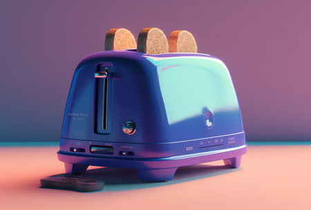 Blue toaster with two toasts on a purple background. 3d renderingの素材