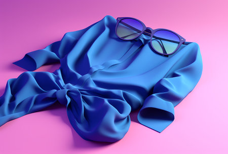 Sunglasses and blue silk on a pink background. 3d renderingの素材