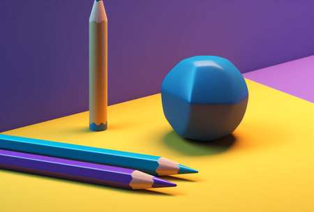 Pencils and eraser on yellow and purple background. 3d illustrationの素材