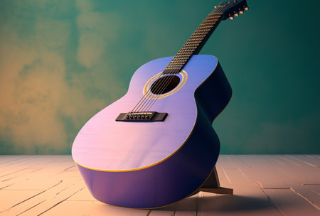 Acoustic guitar on a wooden floor. 3D illustration. Vintage style.の素材