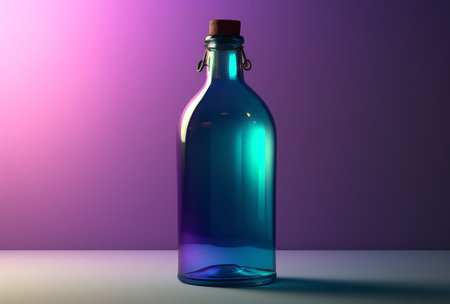 Empty glass bottle on a purple background. 3d render illustration.の素材