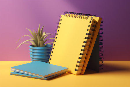 Notebook and plant pot on yellow and purple background. 3D renderingの素材