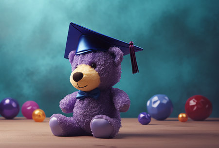 Teddy bear with graduation cap and colorful balloons on wooden background.の素材