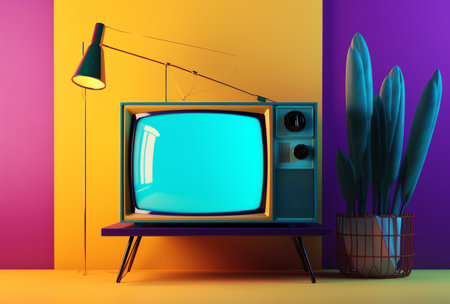 Retro TV on colorful background. 3D illustration. Vintage style.の素材