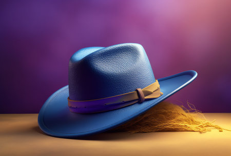Blue hat on the table with yellow and purple bokeh backgroundの素材